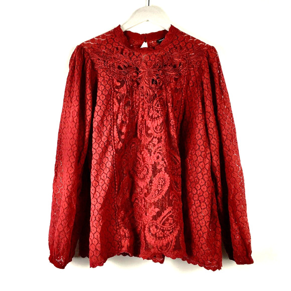 Torrid Mixed Lace Red Burgundy Eyelet High Neck Top Keyhole Women's Plus Sz 3X - Picture 1 of 16